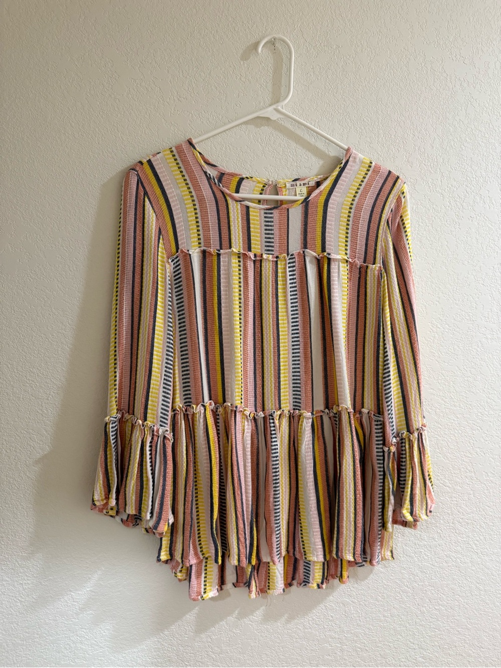 miami Striped Ruffle Hem Long Sleeve Tunic - Pink, Yellow, Blue
